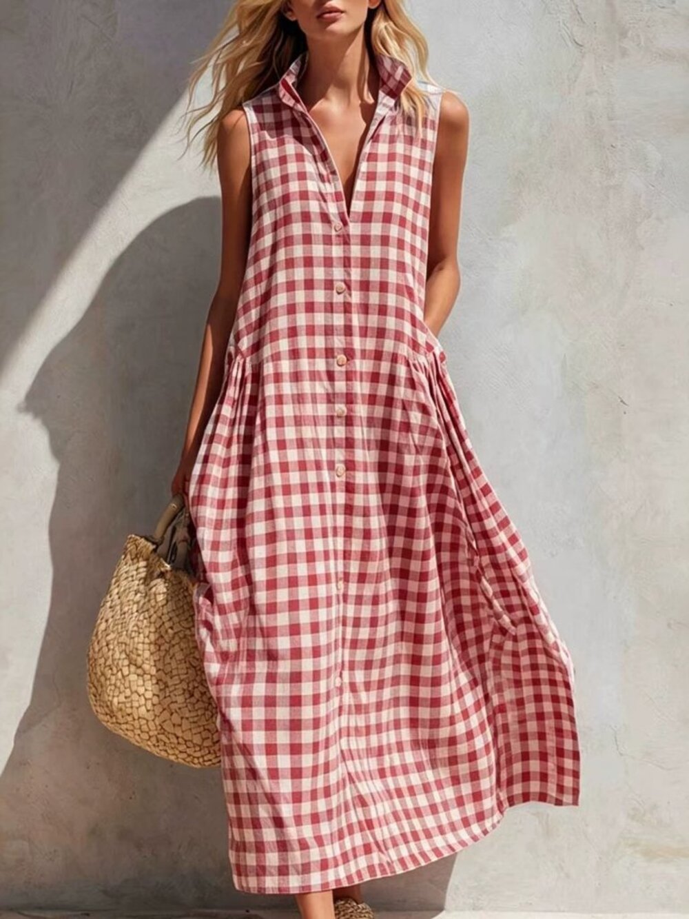 Women's Red Gingham Collared Sleeveless Relaxed Maxi Dress
